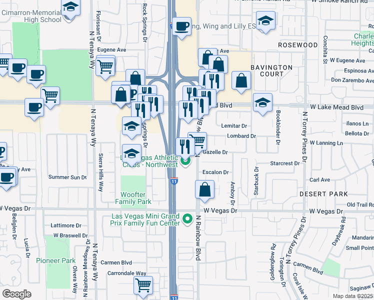 map of restaurants, bars, coffee shops, grocery stores, and more near 1901 North Rainbow Boulevard in Las Vegas
