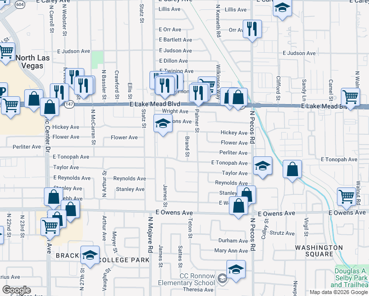 map of restaurants, bars, coffee shops, grocery stores, and more near 1821 Brand Street in North Las Vegas