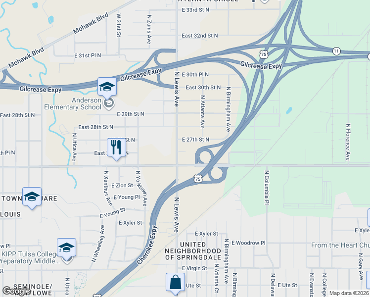 map of restaurants, bars, coffee shops, grocery stores, and more near in Tulsa