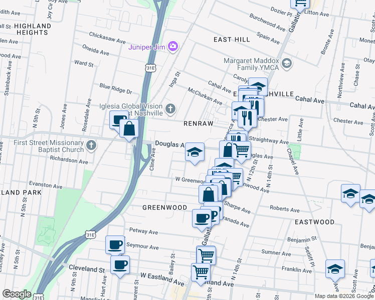 map of restaurants, bars, coffee shops, grocery stores, and more near 921 Douglas Avenue in Nashville