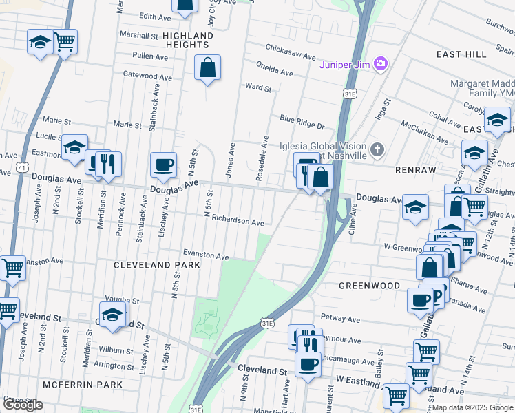 map of restaurants, bars, coffee shops, grocery stores, and more near 1218 Montgomery Avenue in Nashville