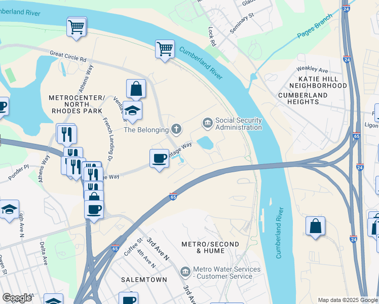map of restaurants, bars, coffee shops, grocery stores, and more near 275 Cumberland Bend in Nashville