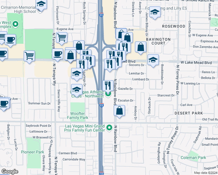 map of restaurants, bars, coffee shops, grocery stores, and more near 1901 North Rainbow Boulevard in Las Vegas