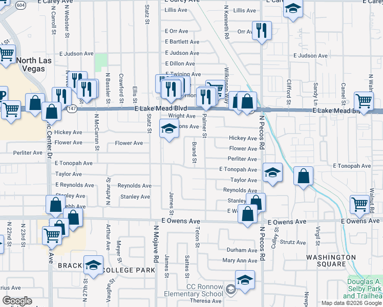 map of restaurants, bars, coffee shops, grocery stores, and more near 1821 Brand Street in North Las Vegas