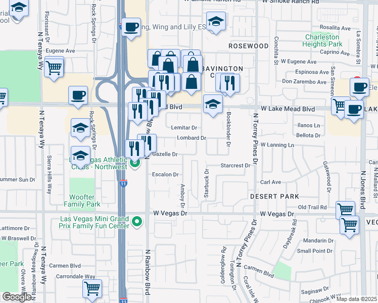 map of restaurants, bars, coffee shops, grocery stores, and more near 6568 Gazelle Drive in Las Vegas