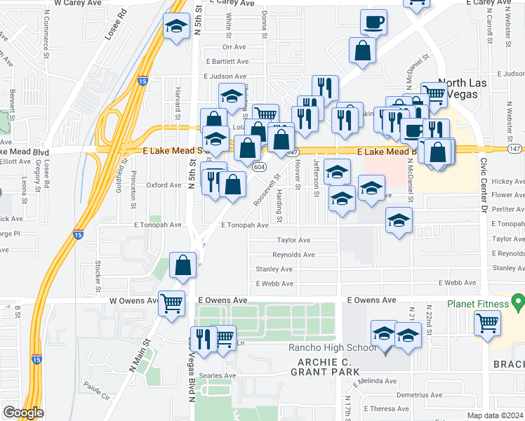 map of restaurants, bars, coffee shops, grocery stores, and more near 1818 Coolidge Street in North Las Vegas
