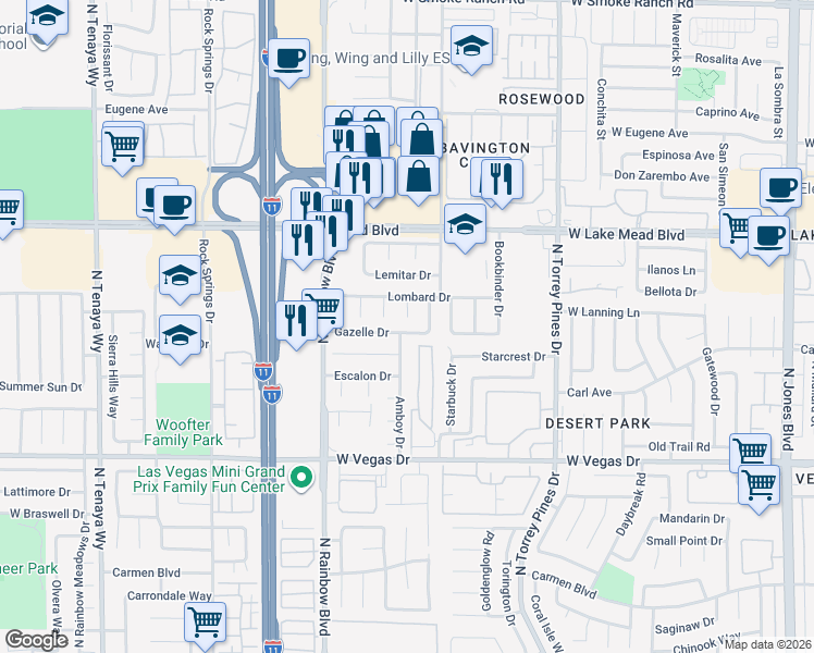 map of restaurants, bars, coffee shops, grocery stores, and more near 6576 Gazelle Drive in Las Vegas
