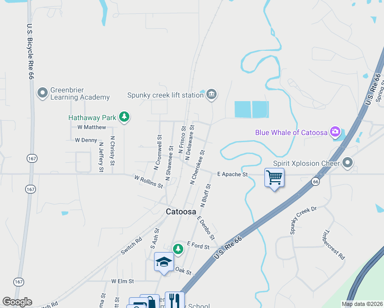 map of restaurants, bars, coffee shops, grocery stores, and more near 312 North Delaware Street in Catoosa
