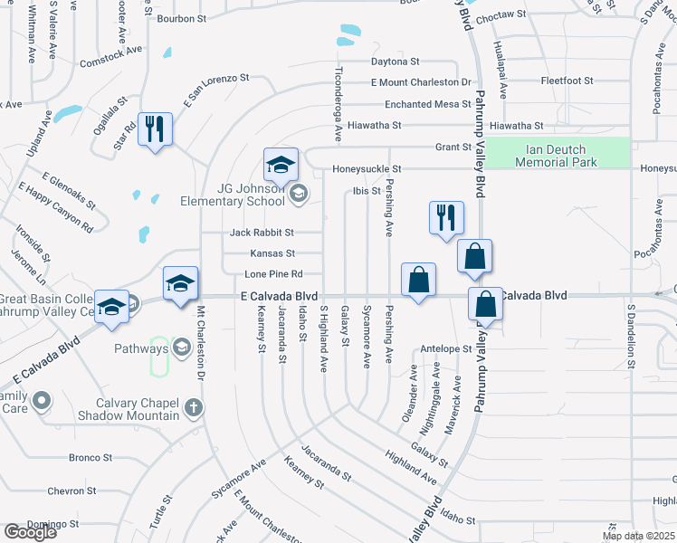 map of restaurants, bars, coffee shops, grocery stores, and more near 1771 Galaxy Street in Pahrump