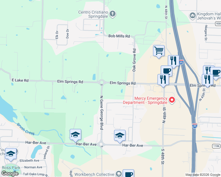 map of restaurants, bars, coffee shops, grocery stores, and more near 5516 South Elm Springs Road in Springdale