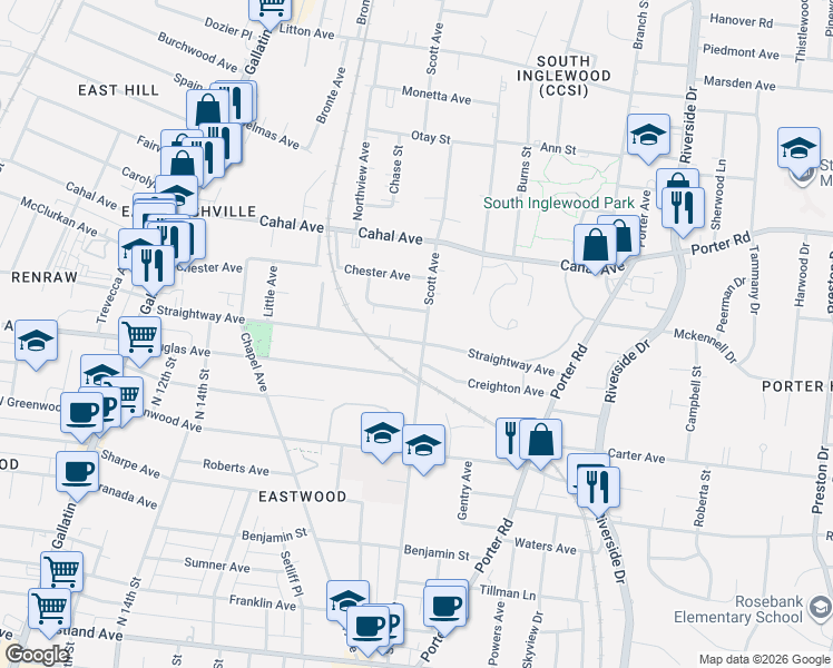 map of restaurants, bars, coffee shops, grocery stores, and more near 1914 Scott Avenue in Nashville