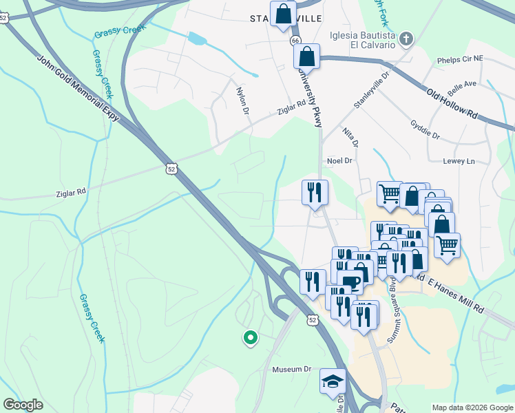 map of restaurants, bars, coffee shops, grocery stores, and more near 100 Stagecoach Road in Winston-Salem