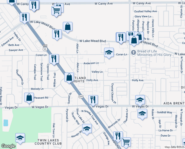 map of restaurants, bars, coffee shops, grocery stores, and more near 3432 Valley Lane in Las Vegas
