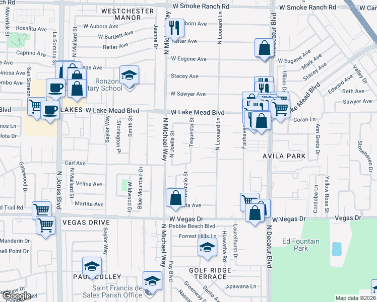 map of restaurants, bars, coffee shops, grocery stores, and more near 5308 West Magenta Court in Las Vegas