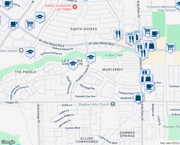 map of restaurants, bars, coffee shops, grocery stores, and more near 8028 Sierra Largo Drive in Las Vegas