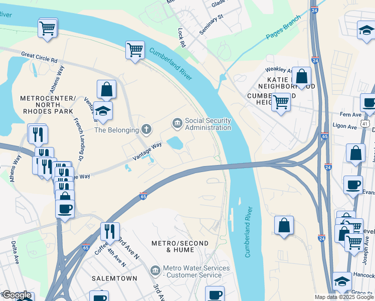map of restaurants, bars, coffee shops, grocery stores, and more near 215 Cumberland Bend in Nashville