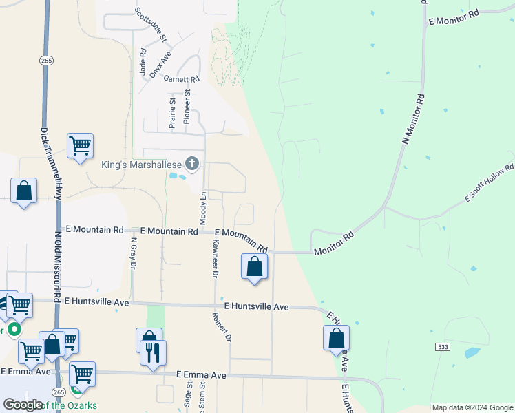 map of restaurants, bars, coffee shops, grocery stores, and more near 2394 Canyon Avenue in Springdale