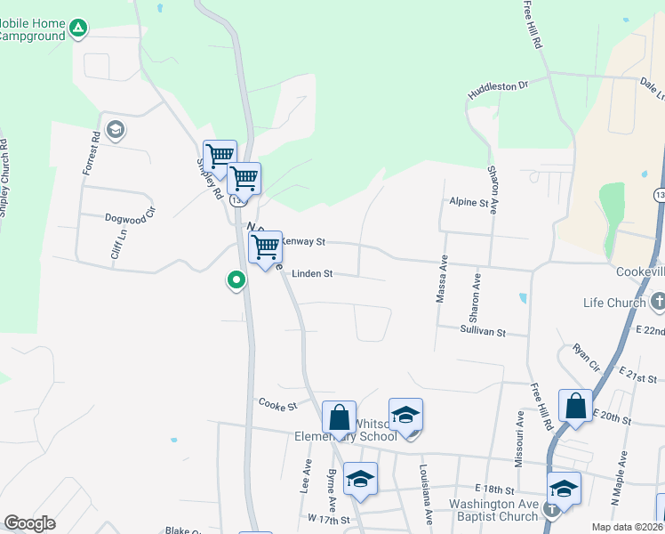 map of restaurants, bars, coffee shops, grocery stores, and more near 58 Linden Street in Cookeville