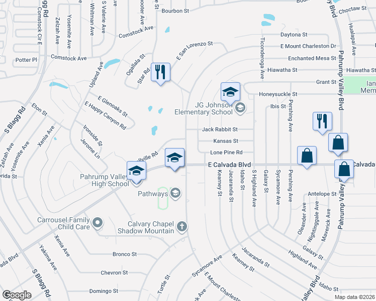 map of restaurants, bars, coffee shops, grocery stores, and more near 2886 South Mount Charleston Drive in Pahrump