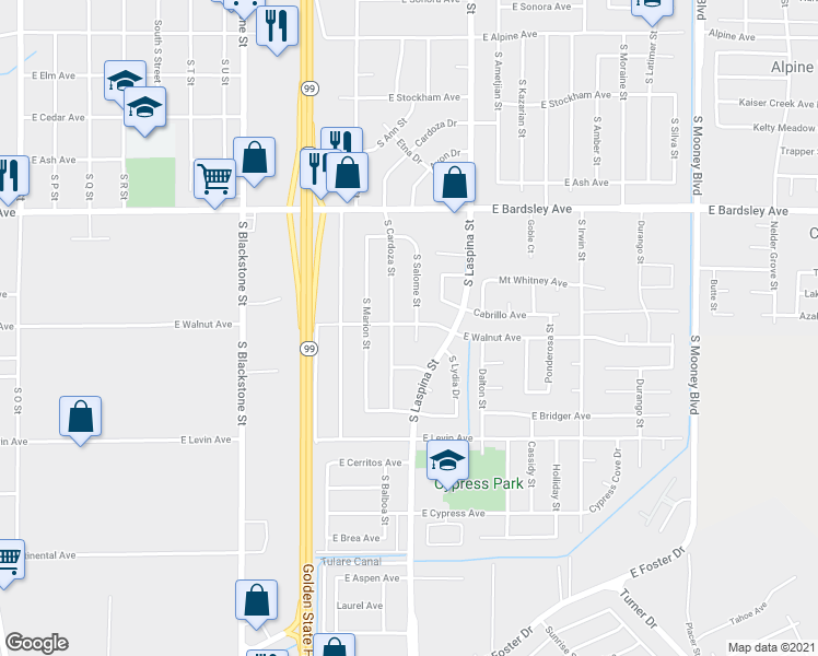 map of restaurants, bars, coffee shops, grocery stores, and more near 1497 East Walnut Avenue in Tulare