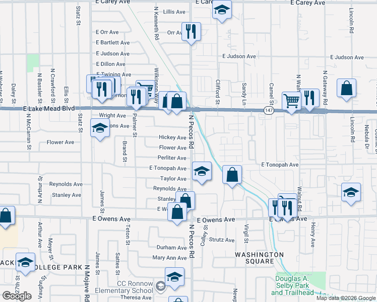map of restaurants, bars, coffee shops, grocery stores, and more near 1830 North Pecos Road in Las Vegas