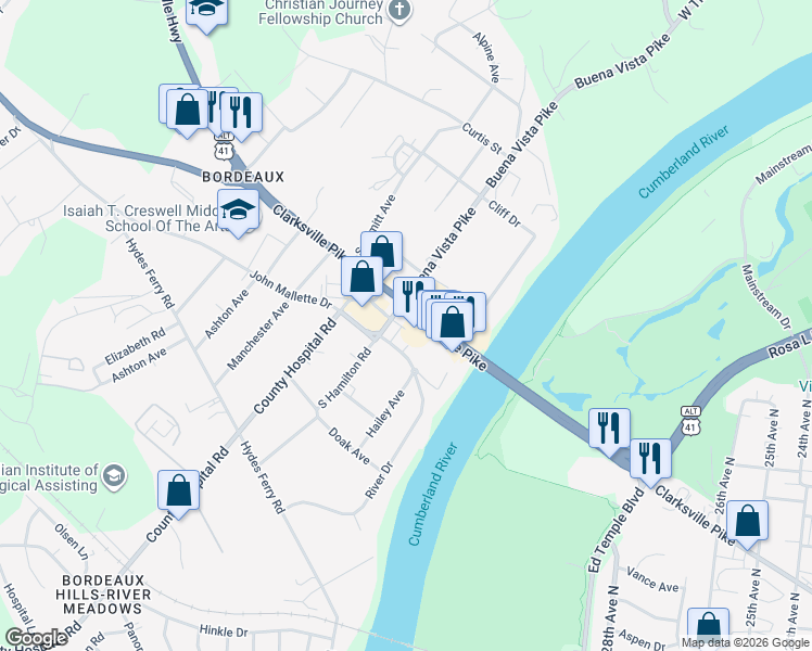 map of restaurants, bars, coffee shops, grocery stores, and more near 3144 Tennessee 12 in Nashville