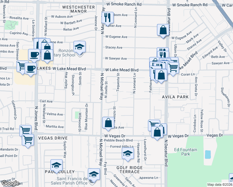 map of restaurants, bars, coffee shops, grocery stores, and more near 5300 West Alcazar Court in Las Vegas
