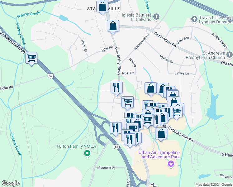 map of restaurants, bars, coffee shops, grocery stores, and more near 6116 University Parkway in Winston-Salem