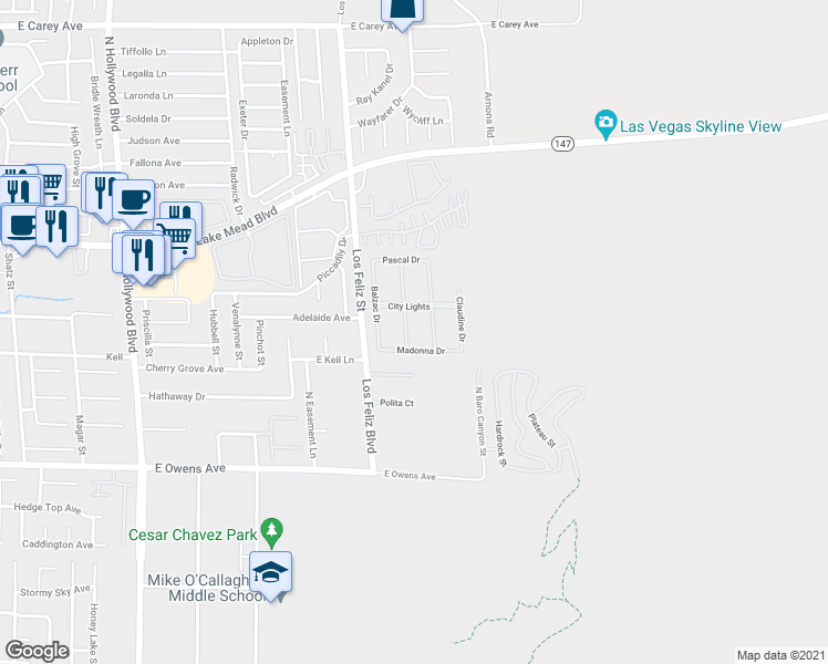 map of restaurants, bars, coffee shops, grocery stores, and more near 1860 Racine Drive in Las Vegas