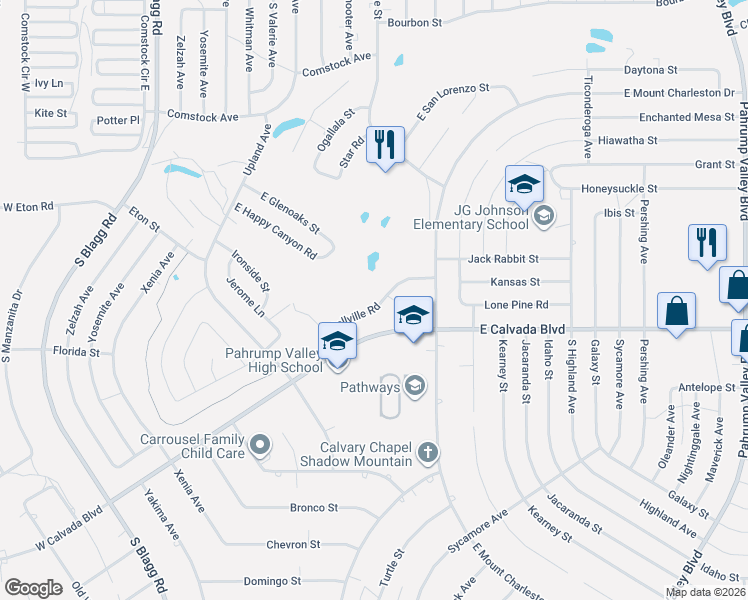 map of restaurants, bars, coffee shops, grocery stores, and more near 500 East Bellville Road in Pahrump