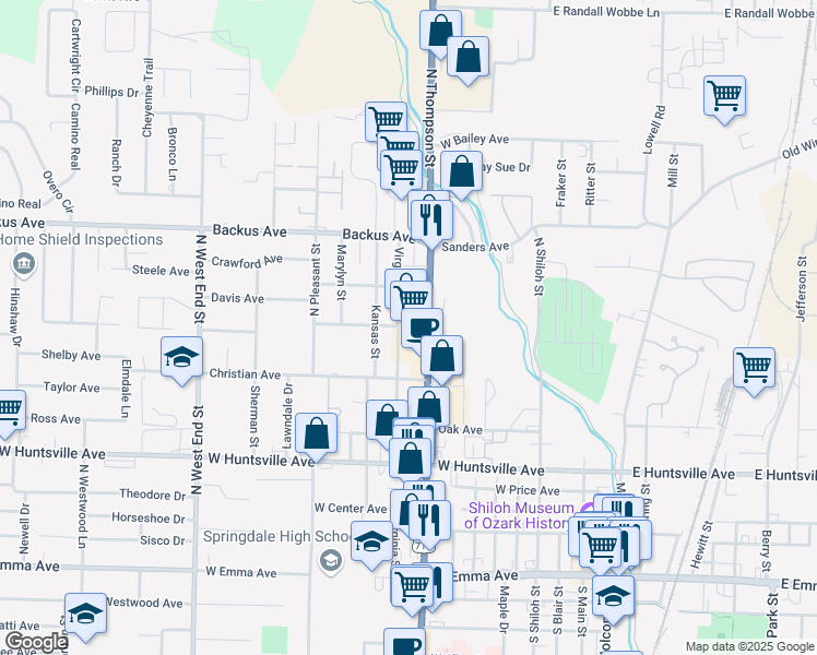 map of restaurants, bars, coffee shops, grocery stores, and more near 901999 Virginia Street in Springdale