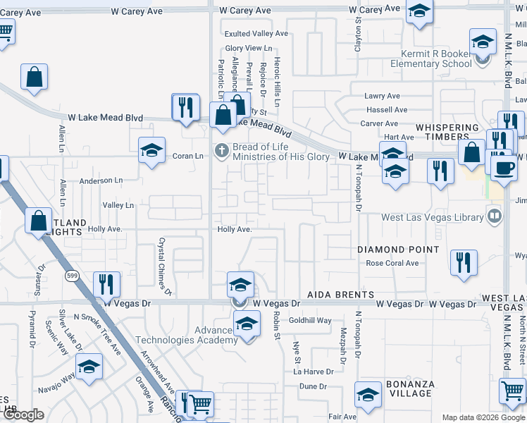 map of restaurants, bars, coffee shops, grocery stores, and more near 2500 Adelante Avenue in Las Vegas