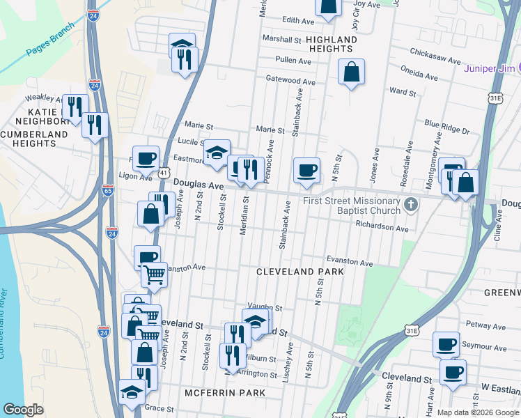 map of restaurants, bars, coffee shops, grocery stores, and more near 1220 Pennock Avenue in Nashville