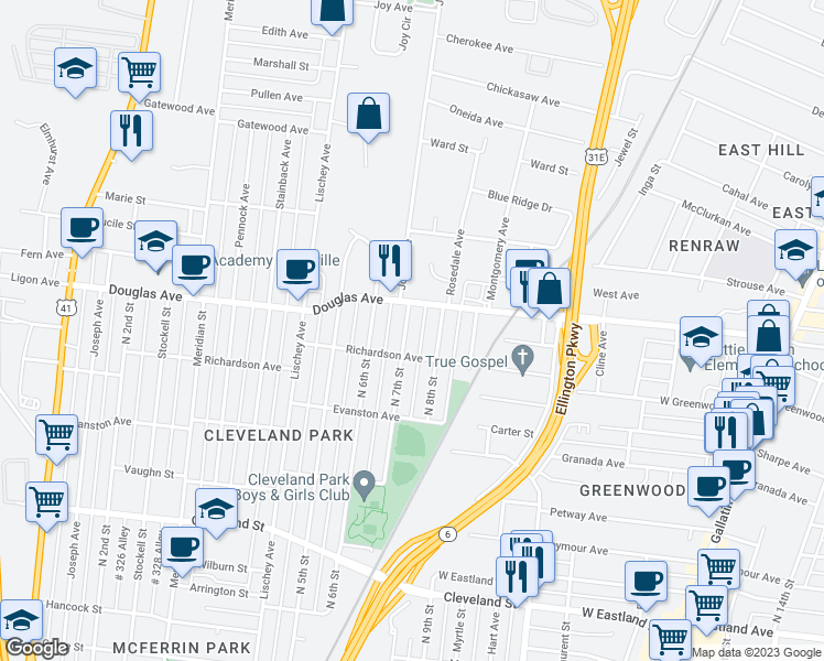 map of restaurants, bars, coffee shops, grocery stores, and more near 1213 North 7th Street in Nashville