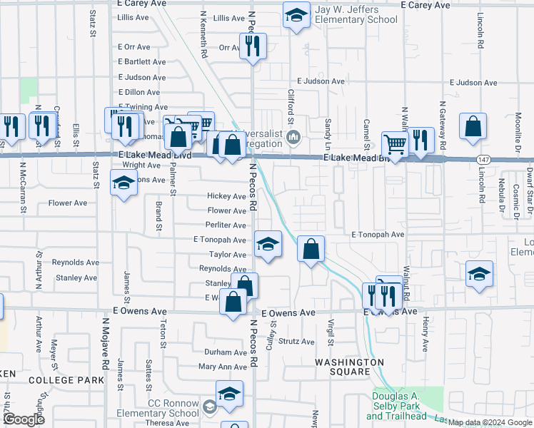 map of restaurants, bars, coffee shops, grocery stores, and more near 1830 North Pecos Road in Las Vegas