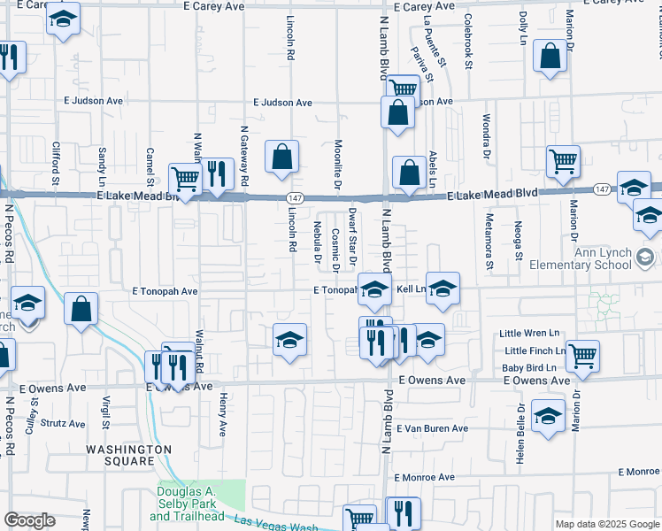 map of restaurants, bars, coffee shops, grocery stores, and more near 1843 Cosmic Drive in Las Vegas