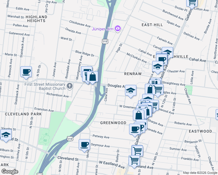map of restaurants, bars, coffee shops, grocery stores, and more near 889 Douglas Avenue in Nashville