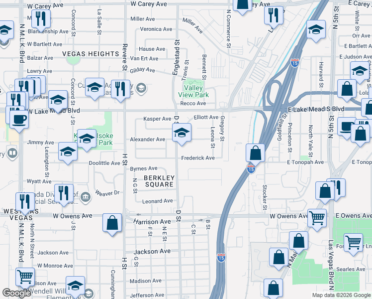map of restaurants, bars, coffee shops, grocery stores, and more near 1735 D Street in Las Vegas