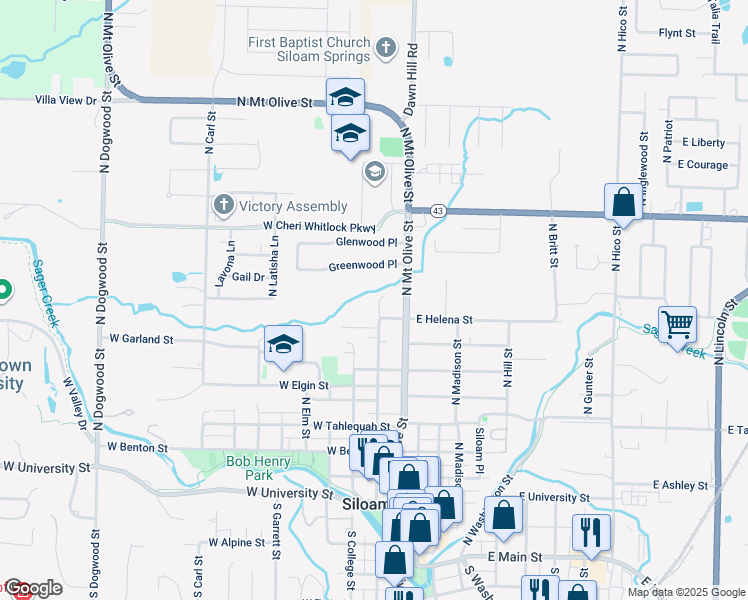 map of restaurants, bars, coffee shops, grocery stores, and more near 202 Greenwood in Siloam Springs