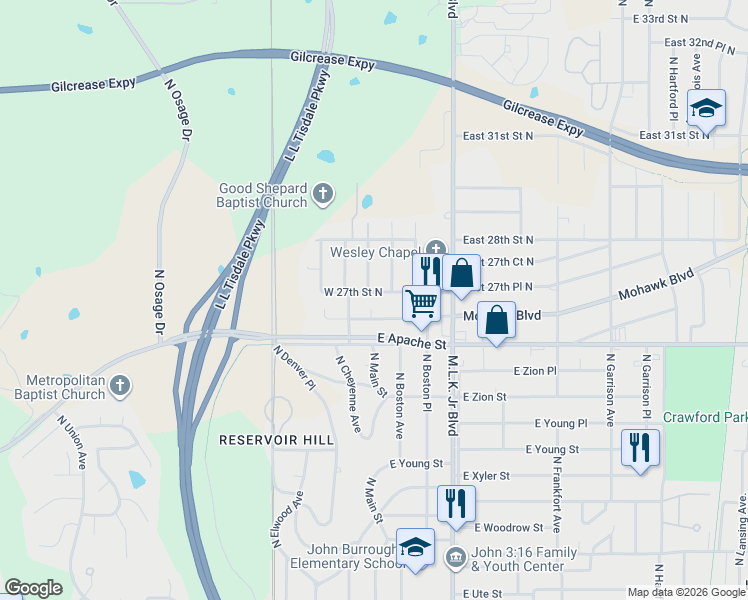map of restaurants, bars, coffee shops, grocery stores, and more near 2707 North Boulder Avenue in Tulsa