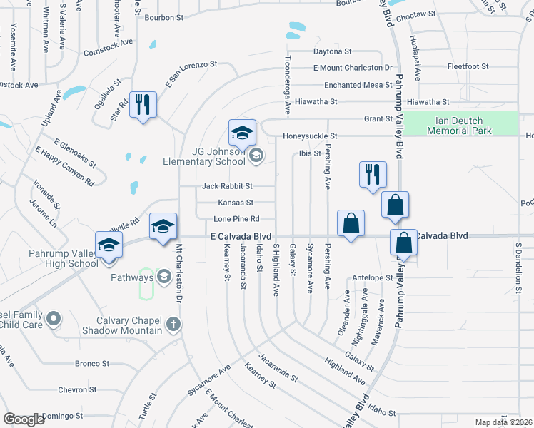 map of restaurants, bars, coffee shops, grocery stores, and more near 971 Kansas Street in Pahrump