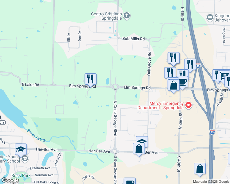 map of restaurants, bars, coffee shops, grocery stores, and more near 5640 Elm Springs Road in Springdale