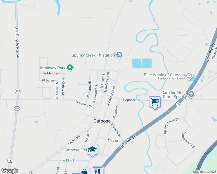 map of restaurants, bars, coffee shops, grocery stores, and more near 312 North Delaware Street in Catoosa