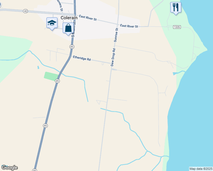 map of restaurants, bars, coffee shops, grocery stores, and more near 144 Dew Drop Road in Colerain