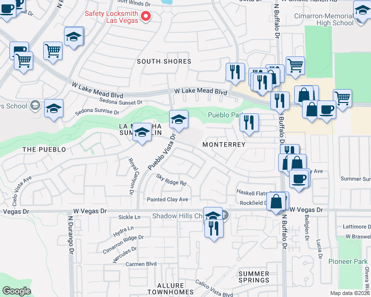 map of restaurants, bars, coffee shops, grocery stores, and more near 8012 Sierra Largo Drive in Las Vegas