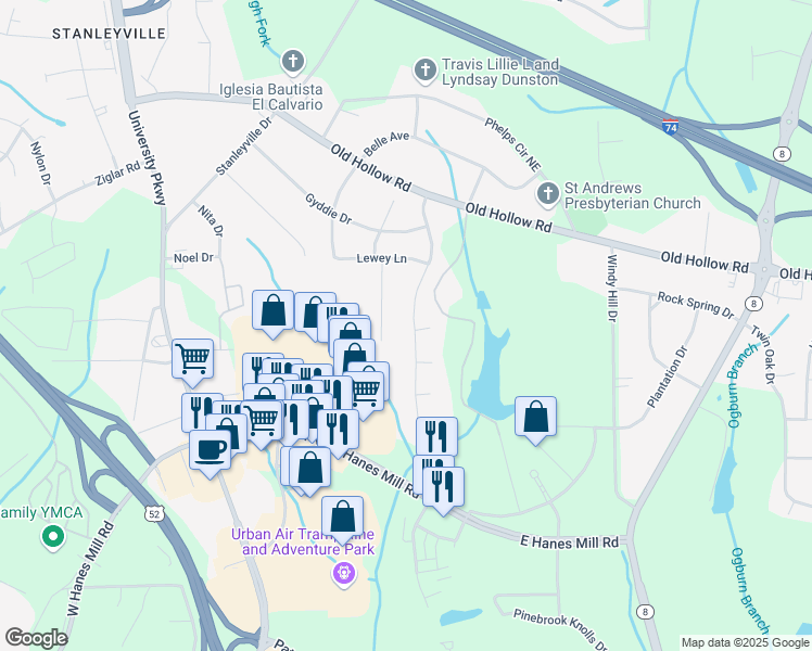 map of restaurants, bars, coffee shops, grocery stores, and more near 5510 Angel Oaks Drive in Winston-Salem