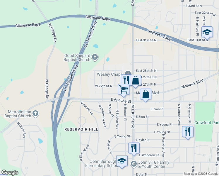 map of restaurants, bars, coffee shops, grocery stores, and more near 2707 North Boulder Avenue in Tulsa