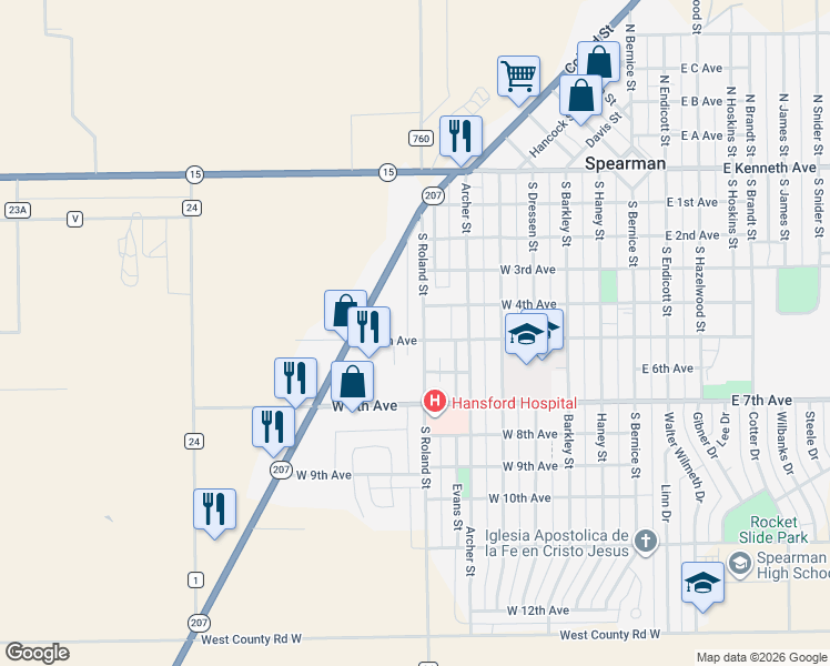 map of restaurants, bars, coffee shops, grocery stores, and more near 412 South Roland Street in Spearman