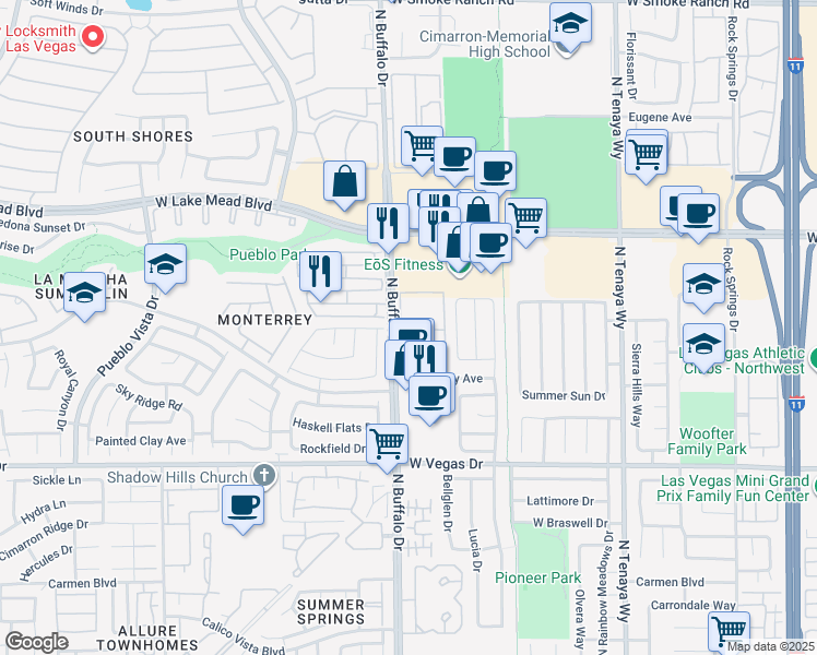 map of restaurants, bars, coffee shops, grocery stores, and more near 1830 North Buffalo Drive in Las Vegas