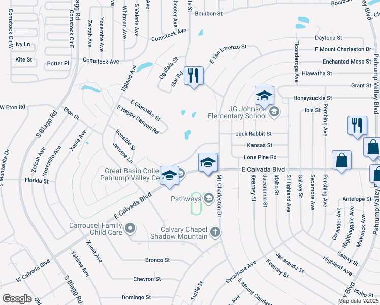 map of restaurants, bars, coffee shops, grocery stores, and more near 540 East Bellville Road in Pahrump